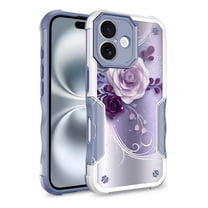 Rosebono Compatible With iPhone 17 Case, Hybrid Dual Layer Graphic Design Pattern Heavy Duty Protection Case (Purple Flower)