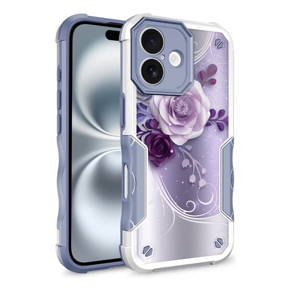 Rosebono Compatible With iPhone 17 Case, Hybrid Dual Layer Graphic Design Pattern Heavy Duty Protection Case (Purple Flower)
