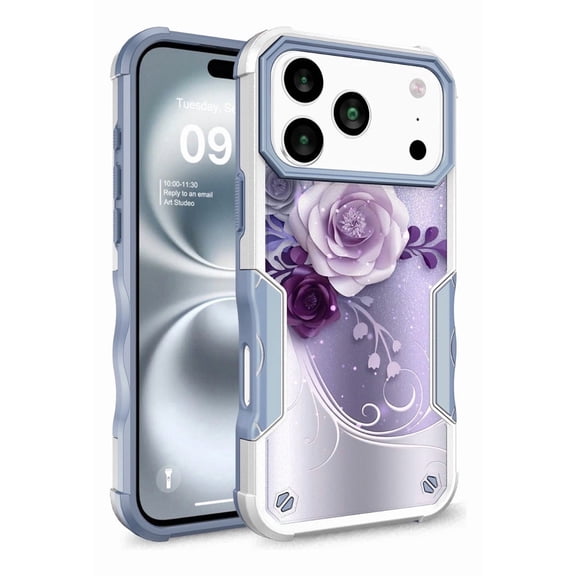 Rosebono Compatible With iPhone 17 Pro Max Case, Hybrid Dual Layer Graphic Design Pattern Heavy Duty Protection Case (Purple Flower)