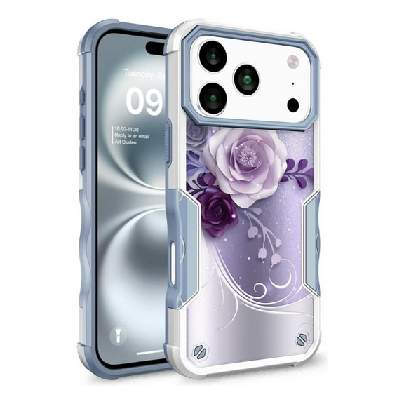 Rosebono Compatible With iPhone 17 Pro Max Case, Hybrid Dual Layer Graphic Design Pattern Heavy Duty Protection Case (Purple Flower)