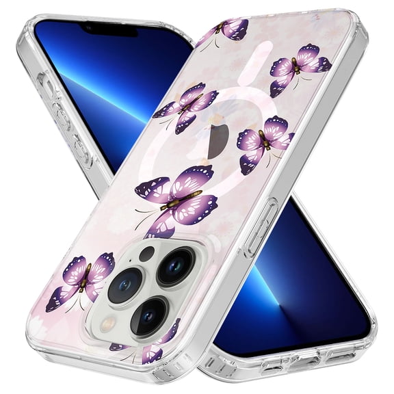 Rosebono For iPhone 14 Pro Max Case Compatible with MagSafe, Butterfly IMD Hybrid Bling Glitter Sparkle Laser Marble Graphic Fashion Cute Colorful Skin Cover Shockproof Case for iPhone 14 Pro Max