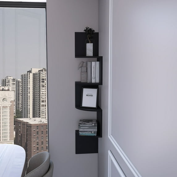 Rosebud Black Corner Floating Shelf - Modern 4-Tier Wall Unit for Small Spaces