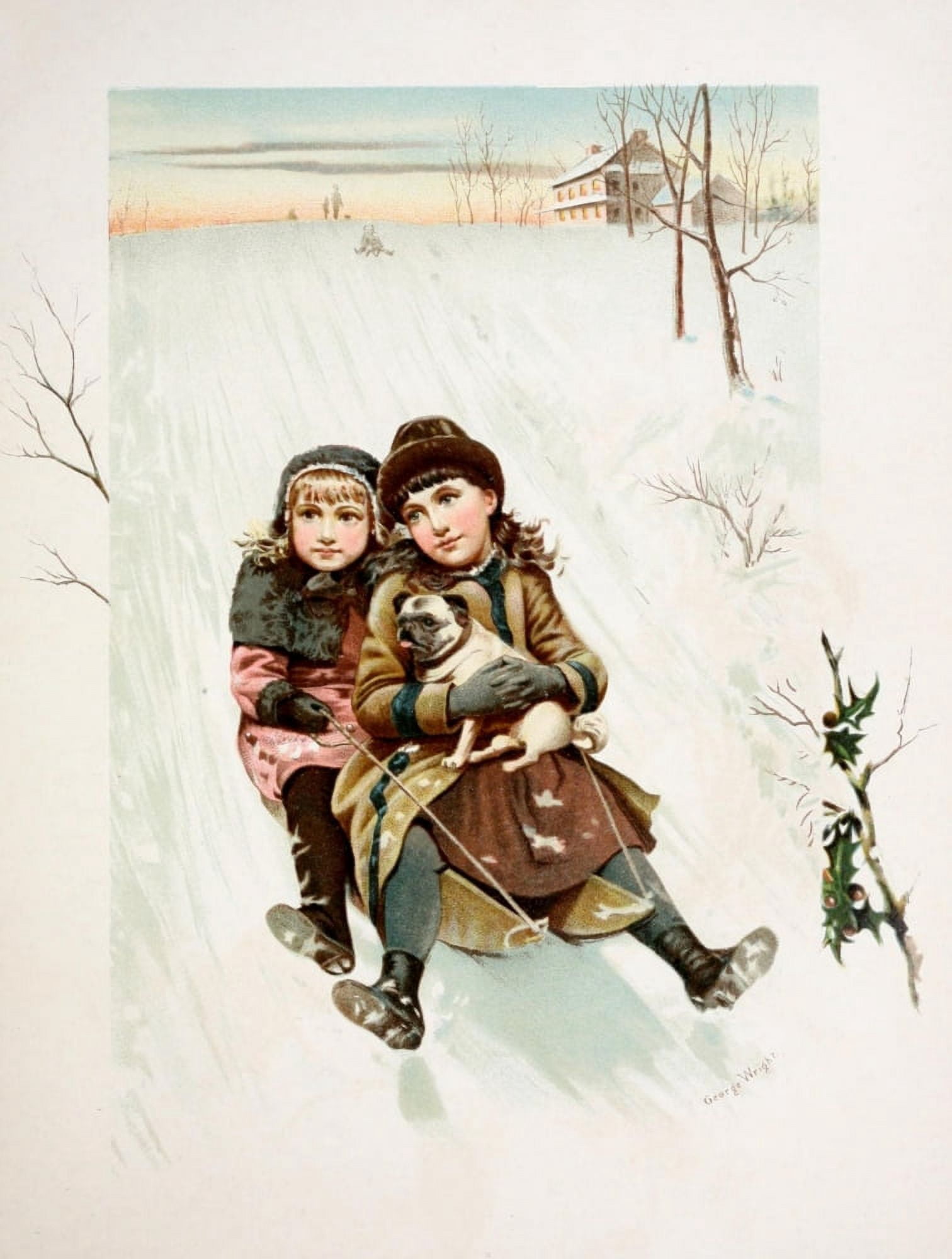 Rosebuds & Holly Berries 1888 Children on sled Canvas Art - Unknown (18 x 24)