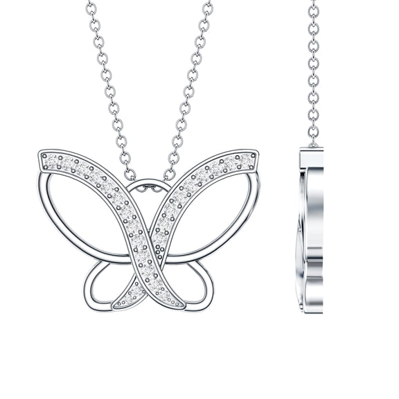 Rosec Jewels Real Diamond Butterfly Pendant Necklace for Women - with Chain - HI-SI Quality - Ready to Gift for Birthday, 925 Sterling Silver
