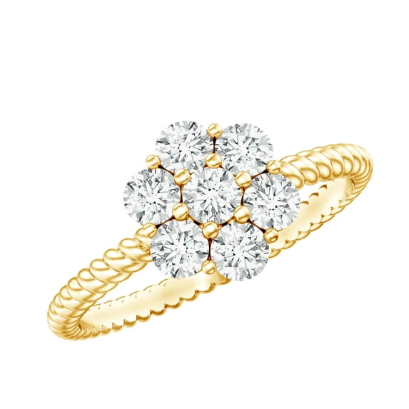 Rosec Jewels 0.75 CT Certified Moissanite Floral Cluster Ring for Women, Moissanite Engagement Ring with Twisted Rope, 10K Yellow Gold, US 5.00