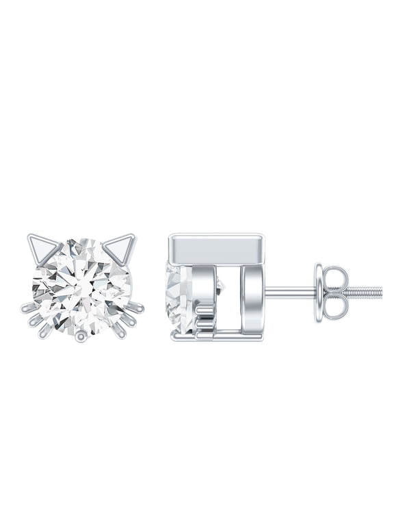 Certified Moissanite Solitaire Cat Stud Earrings - 0.6 Ct - D-VS1 Grade - Ready to Gift, 925 Sterling Silver