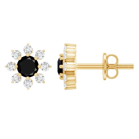 Rosec Jewels 1/2 CT Round Shape Black Diamond Floral Stud Earrings with Diamond for Women, 10K Yellow Gold