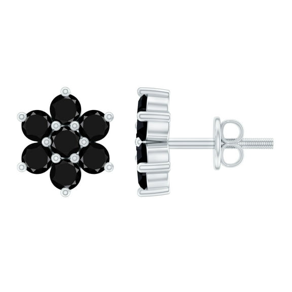 Rosec Jewels 1.25 CT Black Spinel Floral Cluster Stud Earrings, 925 Sterling Silver