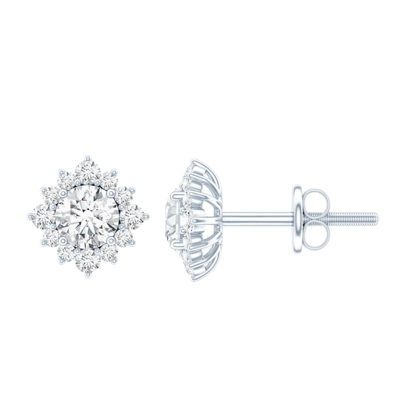 Rosec Jewels 1 CT Classic Moissanite Stud Earrings with Halo, 14K White Gold