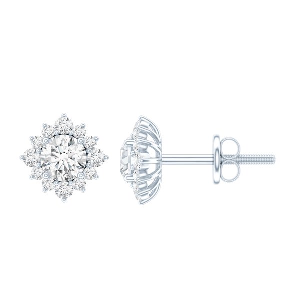 Rosec Jewels 1.25 CT Classic Moissanite Stud Earrings with Halo, 14K White Gold