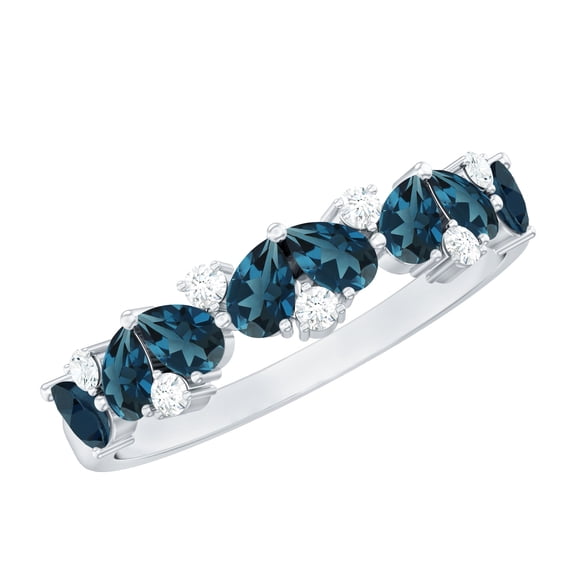 Rosec Jewels Natural London Blue Topaz Half Eternity Ring - AAA Quality - Pear Shape Blue Topaz Diamond Ring - with Jewelry Box, 10K White Gold, US 13.00