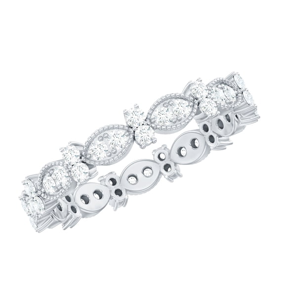 Rosec Jewels Round Shape Moissanite Eternity Ring for Women, Certified Moissanite Milgrain Ring, 18K White Gold, US 12.00