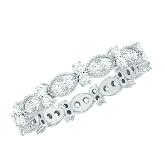 Rosec Jewels Round Shape Moissanite Eternity Ring for Women, Certified Moissanite Milgrain Ring, 18K White Gold, US 7.50