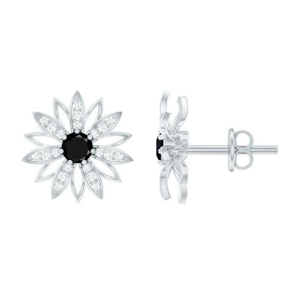 Rosec Jewels 1/4 CT Floral Stud Earrings with Black Diamond and Diamond, 10K White Gold