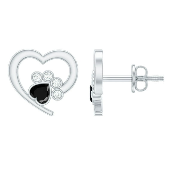 Rosec Jewels 1/4 CT Heart Shape Black Onyx and Diamond Paw Stud Earrings, 14K White Gold