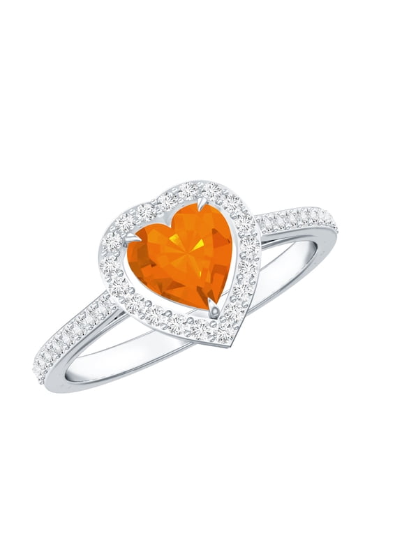 Natural Fire Opal Heart Shaped Engagement Ring with Halo - Certified Opal Diamond Ring - with Jewelry Box, 925 Sterling Silver, US 4.00