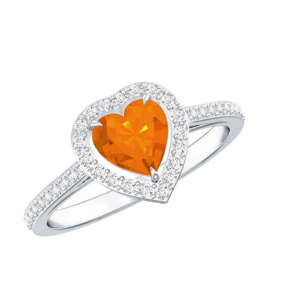 Rosec Jewels Natural Fire Opal Heart Shaped Engagement Ring with Halo - Certified Opal Diamond Ring - with Jewelry Box, 925 Sterling Silver, US 6.00