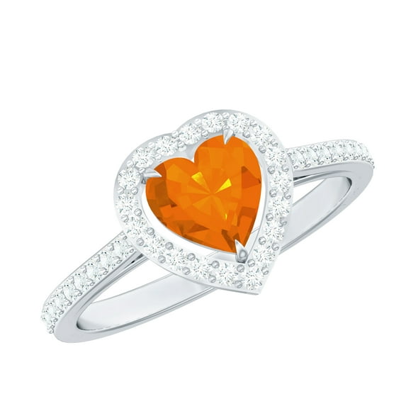 Rosec Jewels Natural Fire Opal Heart Shaped Engagement Ring with Halo - Certified Opal Diamond Ring - with Jewelry Box, 10K White Gold, US 11.50