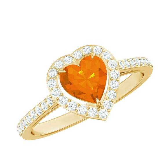 Rosec Jewels Natural Fire Opal Heart Shaped Engagement Ring with Halo - Certified Opal Diamond Ring - with Jewelry Box, 14K Yellow Gold, US 7.00