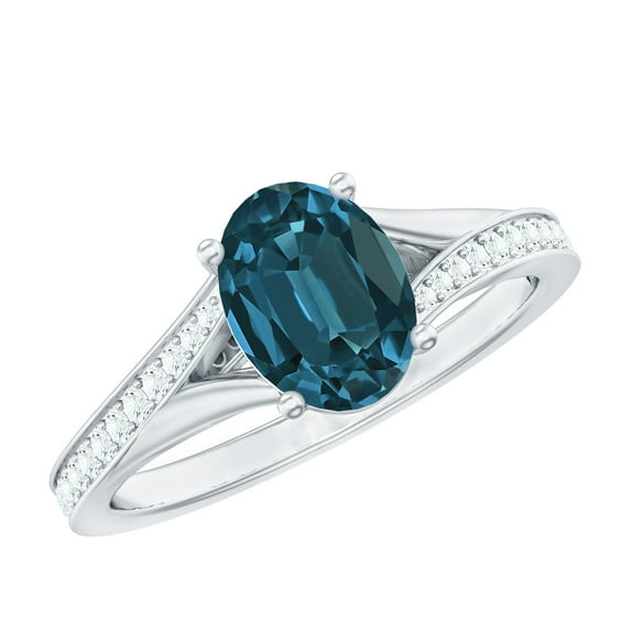 Rosec Jewels Split Shank Solitaire Ring with London Blue Topaz and Diamond, 10K White Gold, US 11.00