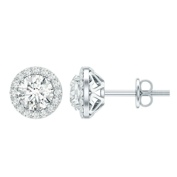 Rosec Jewels 1 CT Moissanite Halo Stud Earrings for Women, 18K White Gold