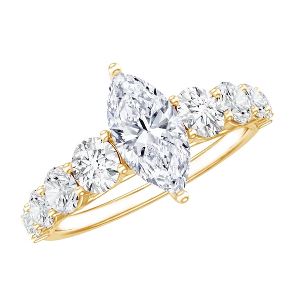 Rosec Jewels Certified Marquise Cut Moissanite Solitaire Ring with Side Stones, 14K Yellow Gold, US 6.00