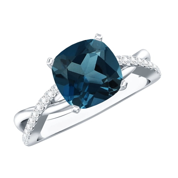 Rosec Jewels Crossover Shank Engagement Ring with London Blue Topaz and Diamond, 10K White Gold, US 13.00