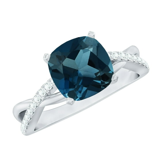 Rosec Jewels 2.25 CT Spiral Shank Engagement Ring with London Blue Topaz and Diamond, 14K White Gold, US 8.50