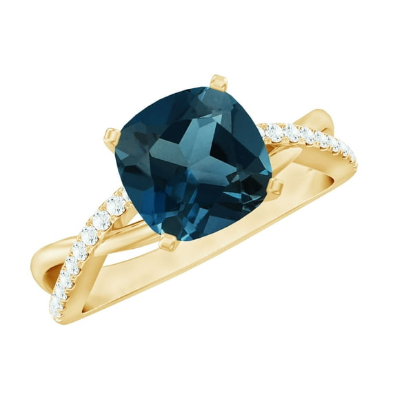 Rosec Jewels 2.25 CT Spiral Shank Engagement Ring with London Blue Topaz and Diamond, 14K Yellow Gold, US 4.50