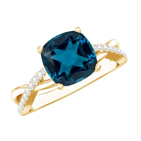 Rosec Jewels Crossover Shank Engagement Ring with London Blue Topaz and Diamond, 14K Yellow Gold, US 4.50