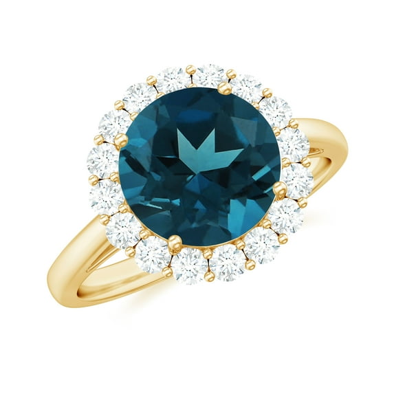 Rosec Jewels Classic London Blue Topaz Engagement Ring with Halo - 8 mm Round Ring - AAA Quality Certified - With Jewelry Box, 14K Yellow Gold, US 8.50