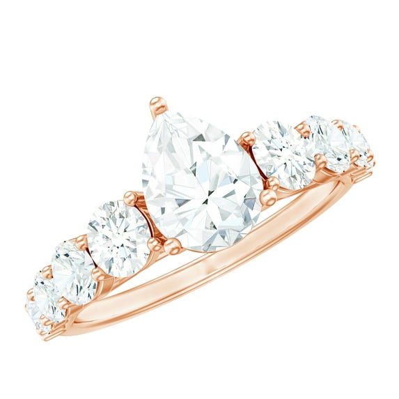 Rosec Jewels 2.50 CT Teardrop Engagement Ring with Moissanite Solitaire and Side Stones, 14K Rose Gold, US 6.50