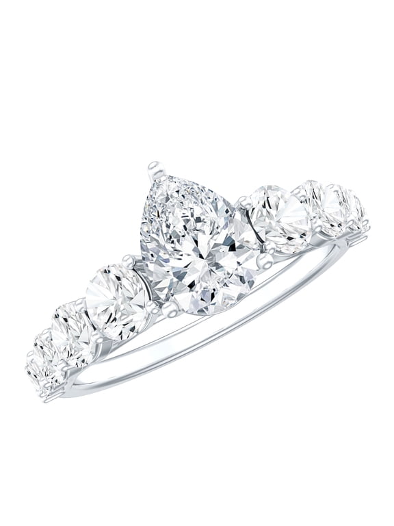Certified Moissanite Pear Shaped Engagement Ring 1 Carat - D-VS1 Quality Moissanite Ring with Side Stones, 925 Sterling Silver, US 11.00