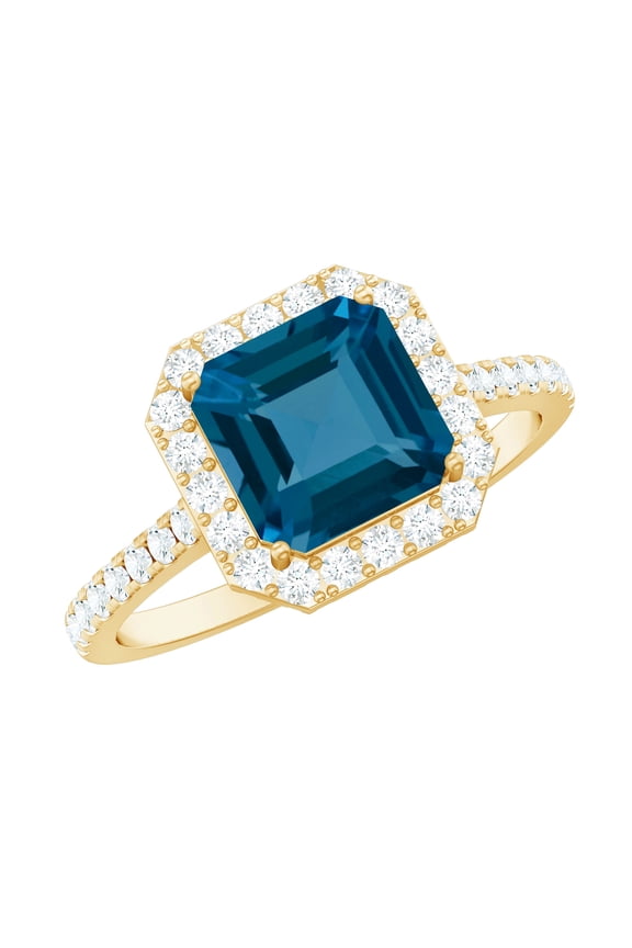 Natural London Blue Topaz Asscher Cut Engagement Ring (8mm, AAA Quality) - Blue Topaz Diamond Ring - with Jewelry Box, 14K Yellow Gold, US 9.00