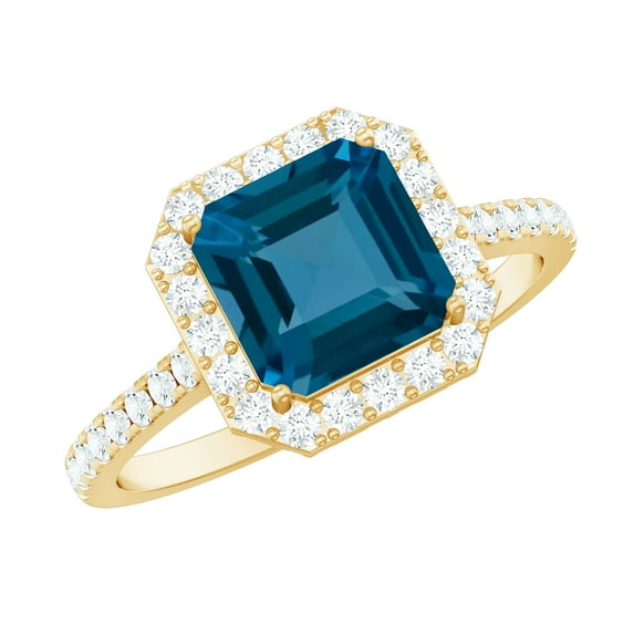Rosec Jewels Natural London Blue Topaz Asscher Cut Engagement Ring (8mm, AAA Quality) - Blue Topaz Diamond Ring - with Jewelry Box, 18K Yellow Gold, US 5.00