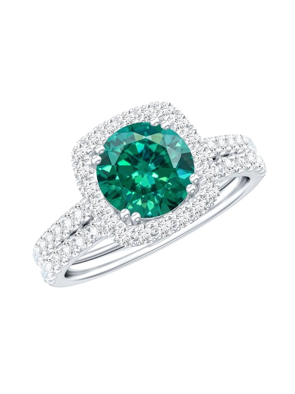 Lab Grown Emerald Wedding Rings Set - 2 Ct Engagement Ring with Band - AAAA Grade, 925 Sterling Silver, US 4.00