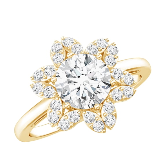 Rosec Jewels - Certified Moissanite Floral Engagement Ring, Moissanite Ring with Halo for Women, 18K Yellow Gold, US 5.50