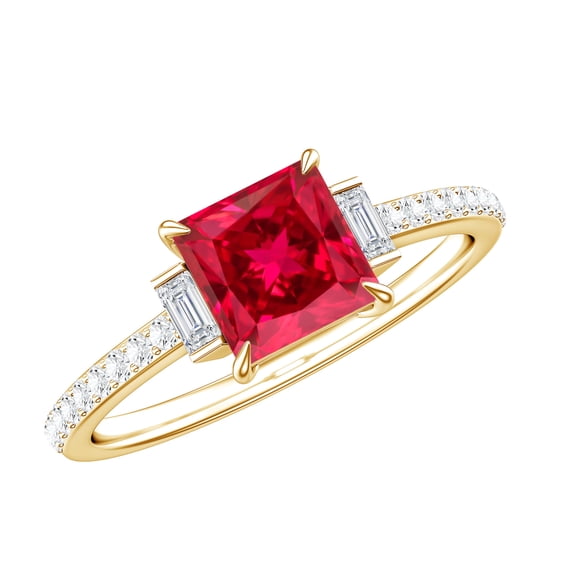 Rosec Jewels Certified Princess Cut Created Ruby Solitaire Ring with Diamond Side Stones, 14K Yellow Gold, US 5.00