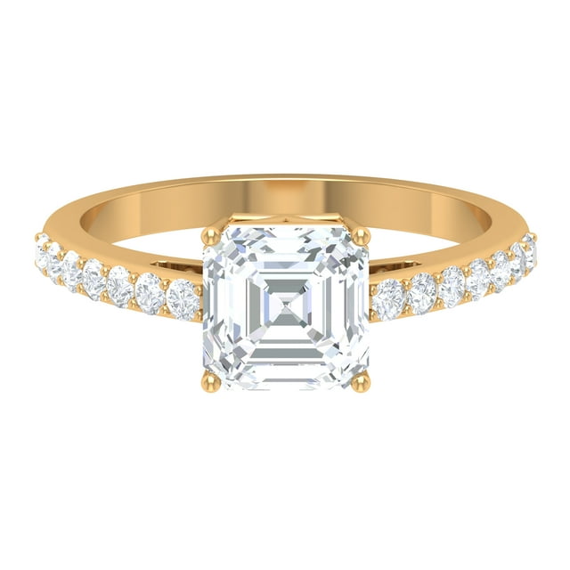Rosec Jewels 2 CT Four Prong Set Solitaire Moissanite Ring with Surface Prong Set Side Stones, 10K Yellow Gold, US 9.00