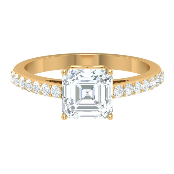 Rosec Jewels 2 CT Four Prong Set Solitaire Moissanite Ring with Surface Prong Set Side Stones, 18K Yellow Gold, US 6.00