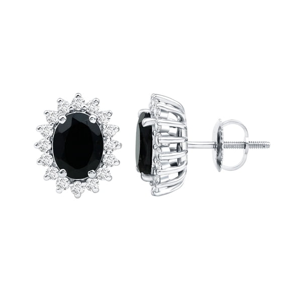 Rosec Jewels Real Black Onyx Stud Earrings with Halo - AAA Quality - 6X8mm Oval - Black and White Earrings - with Jewelry Box, 10K White Gold