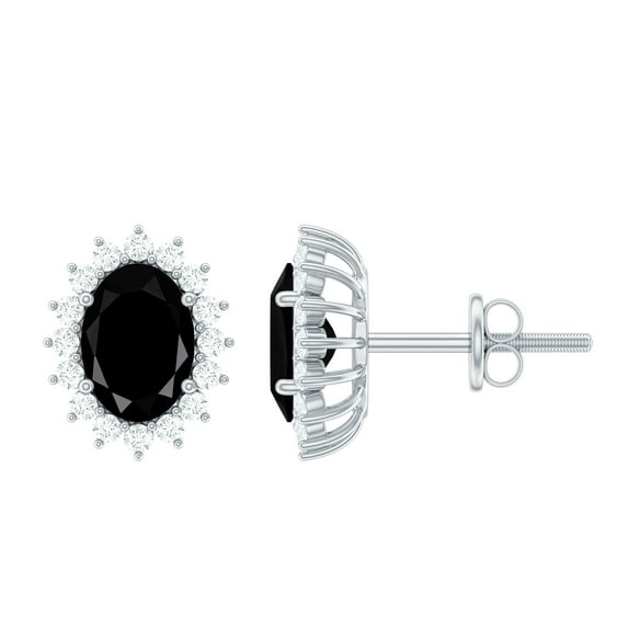 Rosec Jewels 2 CT Oval Cut Black Onyx Classic Stud Earrings with Moissanite Halo, 14K White Gold