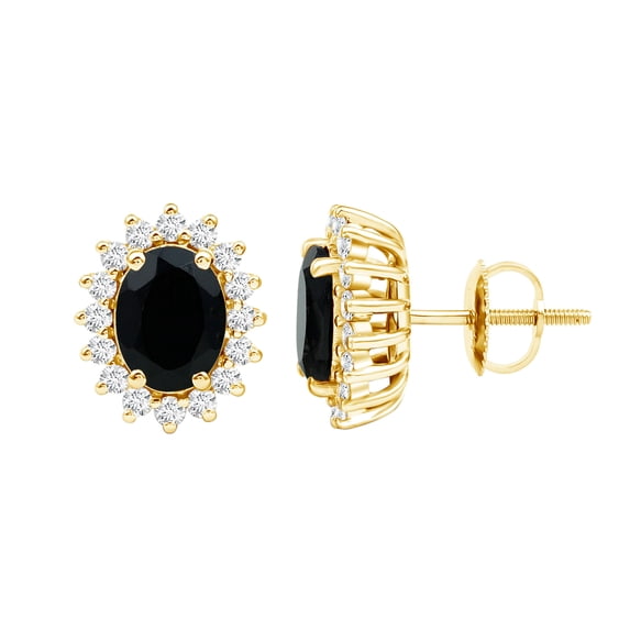 Rosec Jewels Real Black Onyx Stud Earrings with Halo - AAA Quality - 6X8mm Oval - Black and White Earrings - with Jewelry Box, 14K Yellow Gold