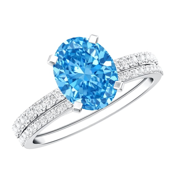 Rosec Jewels 2 Carat IGI Certified Lab Grown Diamond Blue Engagement Ring with Band - Oval Wedding Ring Set for Women - VS1 Grade, 925 Sterling Silver, US 4.00