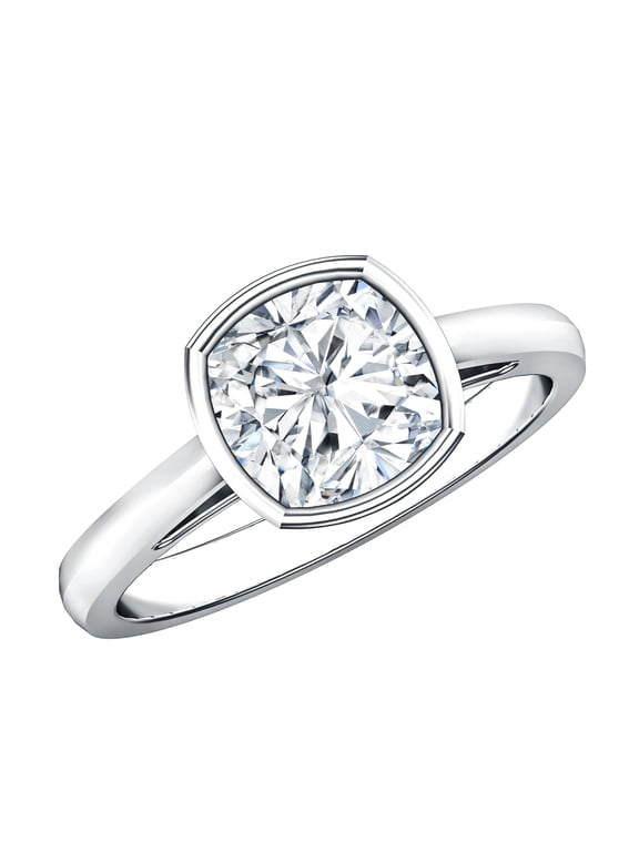 2 Carat Lab Grown Diamond Cushion Cut Engagement Ring - IGI Certified Bezel Set Diamond Ring (E-VS1 Quality), 925 Sterling Silver, US 4.00