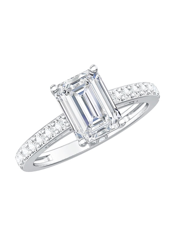 2 Carat Lab Grown Diamond Engagement Ring with Hidden Halo - IGI Certified Emerald Cut Diamond Ring - E-VS1 Quality, 925 Sterling Silver, US 9.50