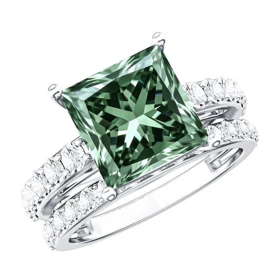 Rosec Jewels 2 Carat Lab Grown Green Diamond Engagement Ring with Band - IGI Certified Princess Cut Wedding Ring Set - VS1 Quality, 14K White Gold, US 6.00