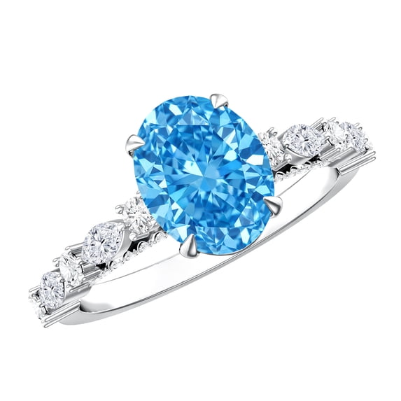 Rosec Jewels 2 Ct Lab Grown Blue Diamond Oval Engagement Ring for Women (IGI Certified, VS1 Quality) - Blue and White Diamond Ring, 18K White Gold, US 7.50