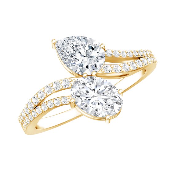 Rosec Jewels 2 Stone Diamond Ring - Bypass Engagement Ring (5x7 mm Oval and Pear Lab Grown Diamond), 10K Yellow Gold, US 3.00