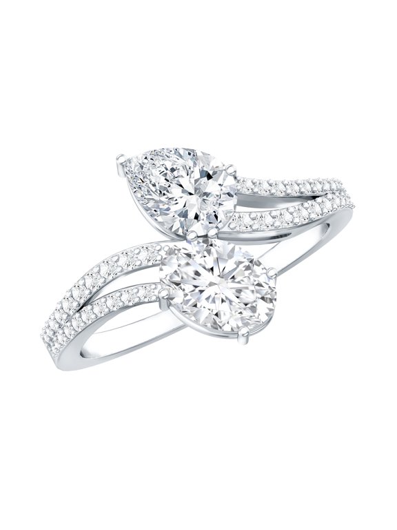 2 Stone Diamond Ring - Bypass Engagement Ring (Oval and Pear Lab Grown Diamond), 14K White Gold, US 7.00